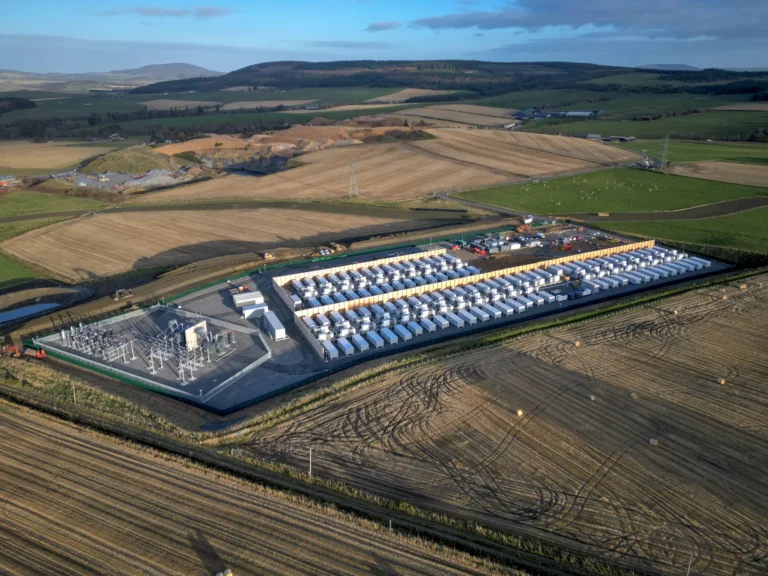 An aerial view of the battery energy storage system in Blackhillock, Scotland.