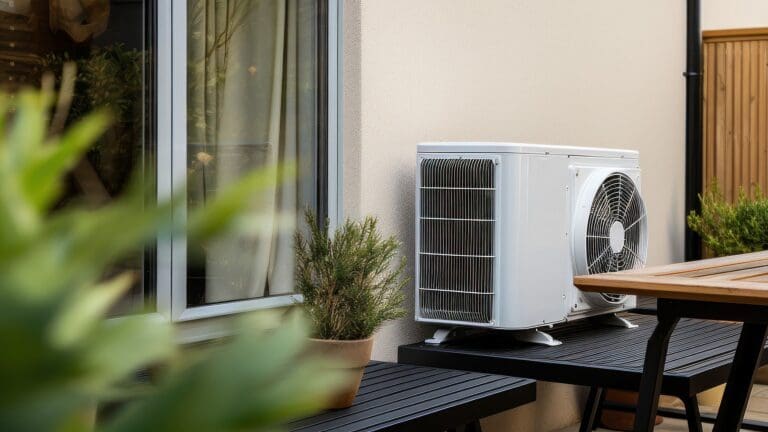 A heat pump attached to a wall.